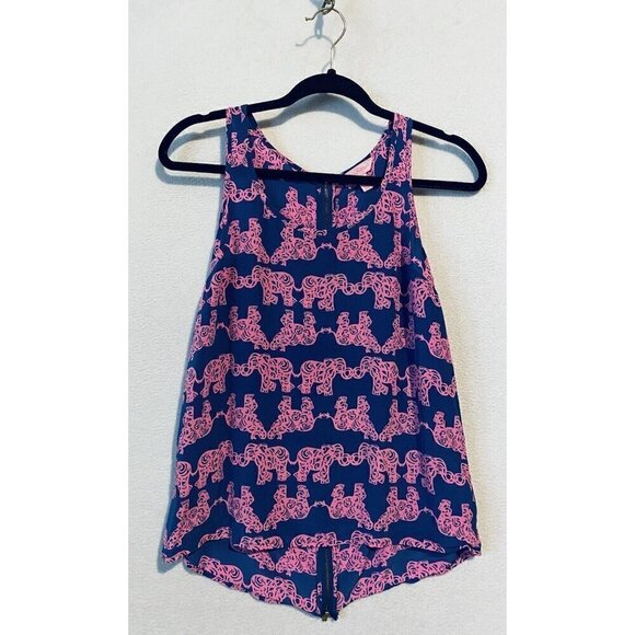 Lilly Pulitzer Top Womens XS Blue Pink Silk Elephant Print Tank Back Zipper Boho - Picture 2 of 10